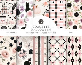 Nahtlose Aquarellmuster in Rosa für Halloween, digitales Papier mit schwarzer Katze, kokettes Scrapbook-JPG - P72