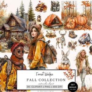 Aquarela Autumn Clipart, Fall Forest Walks Png Bundle, Cosy Autumn, Fall Clipart, Cottagecore, Abóbora, Uso Comercial, Download Digital