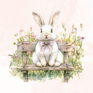 May include: A white rabbit wearing a pink bow tie sits on a wooden bench surrounded by green and pink flowers.