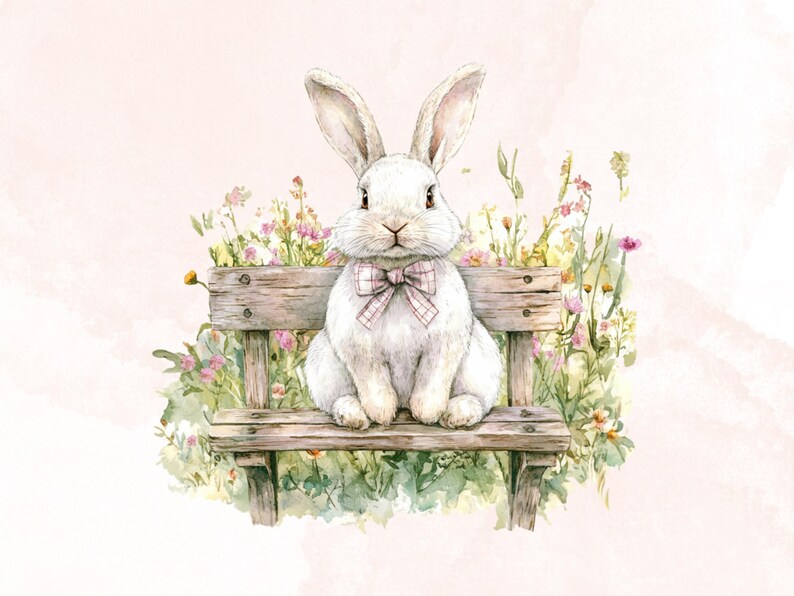 May include: A white rabbit wearing a pink bow tie sits on a wooden bench surrounded by green and pink flowers.