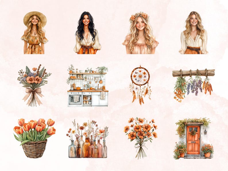 May include: A digital collage of watercolor illustrations featuring women, flowers, kitchen decor, and a dreamcatcher. The illustrations are in a bohemian style with a warm color palette.