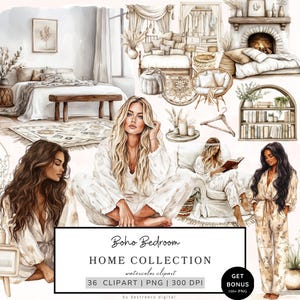 Puede incluir: Una ilustraci&oacute;n digital de un dormitorio boho con una cama, una chimenea, una estanter&iacute;a y tres mujeres en pijama. La ilustraci&oacute;n est&aacute; en estilo acuarela y presenta una paleta de colores neutros.
