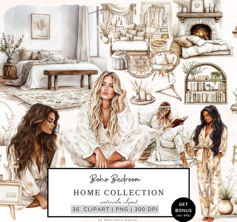 Puede incluir: Una ilustraci&oacute;n digital de un dormitorio boho con una cama, una chimenea, una estanter&iacute;a y tres mujeres en pijama. La ilustraci&oacute;n est&aacute; en estilo acuarela y presenta una paleta de colores neutros.