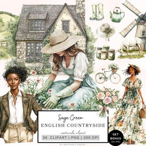Bundle de cliparts campagne anglaise, clipart Cottagecore, campagne vintage esthétique, graphisme numérique ferme rustique, usage Commercial