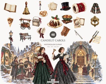 Victorian Christmas Carolers Watercolor Clipart, Vintage Holiday PNG Illustrations - 653