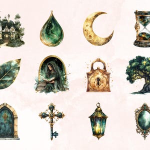 May include: A set of 10 watercolor illustrations featuring various magical and mystical elements, including a crescent moon, a key, a lock, a tree, a leaf, a drop of liquid, a house, an hourglass, a lantern, and a mirror.