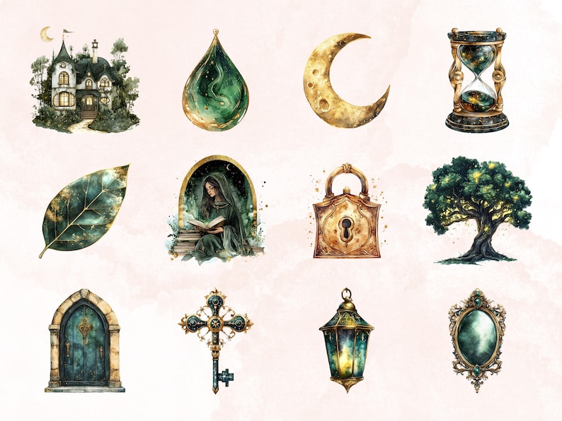 May include: A set of 10 watercolor illustrations featuring various magical and mystical elements, including a crescent moon, a key, a lock, a tree, a leaf, a drop of liquid, a house, an hourglass, a lantern, and a mirror.