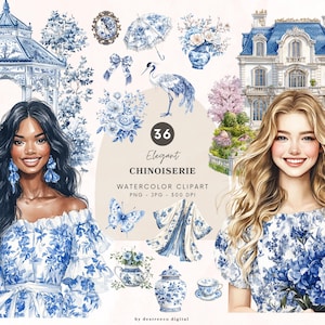 Blauwe chinoiserie clipart, chinoiserie bloemen clipart, vintage graphics, afdrukbare aquarel clipart, digitale download, commercieel gebruik