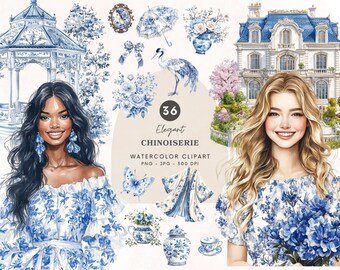 Imágenes prediseñadas de estilo chinoiserie azul, imágenes prediseñadas de estilo chinoiserie floral, gráficos vintage, imágenes prediseñadas de acuarela imprimibles, descarga digital, uso comercial