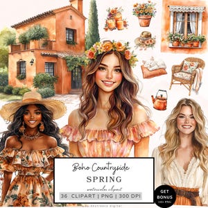 Frühlings-Clipart-Bundle, Boho-Landschaft Clipart, Cottagecore Clipart, Frühlingsgrafiken, Wildblumen Clipart, Boho Grafiken Gemütliche Ästhetik Png