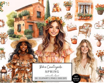 Spring Clipart Bundle, Boho Countryside Clipart, Cottagecore Clipart, Spring Graphics, Wildflowers Clipart, Boho Graphics Cozy Aesthetic Png