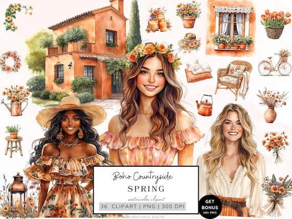Spring Clipart Bundle, Boho Countryside Clipart, Cottagecore Clipart, Spring Graphics, Wildflowers Clipart, Boho Graphics Cozy Aesthetic Png