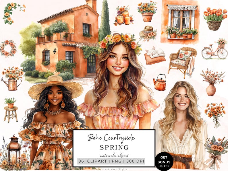 May include: A digital illustration set featuring three women in floral dresses, a rustic house, and various floral arrangements. The set is titled "Boho Countryside Spring" and includes 36 PNG files at 300 DPI.