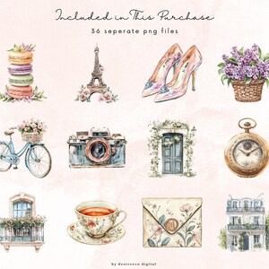 May include: A set of 36 watercolor illustrations featuring Parisian-themed imagery, including macarons, a camera, a door, a clock, a teacup, an envelope, a building, and a bicycle. The illustrations are in a soft, romantic style with pastel colors.