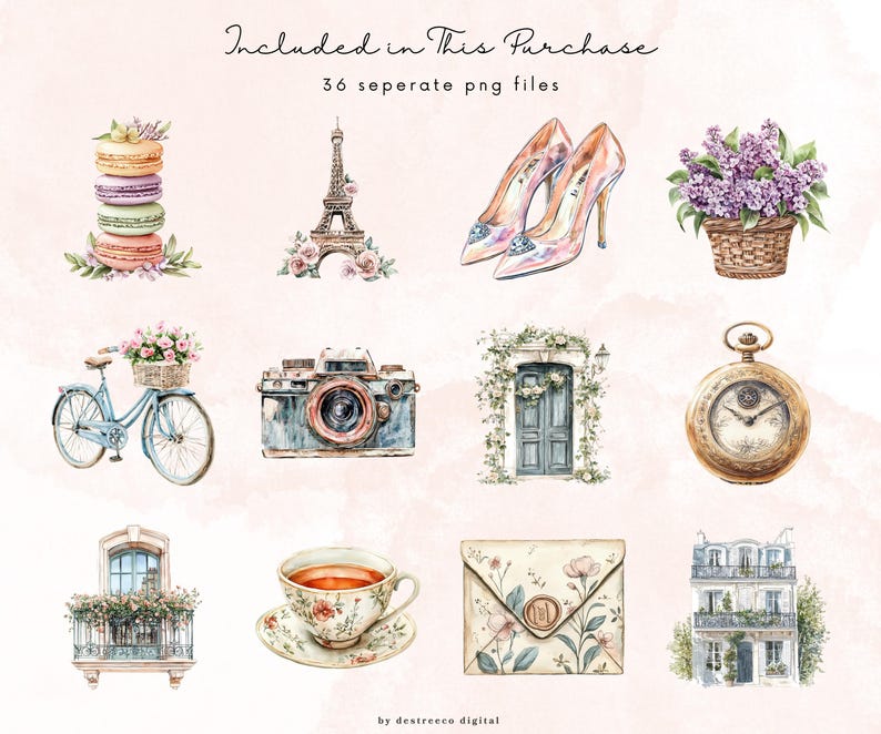 May include: A set of 36 watercolor illustrations featuring Parisian-themed imagery, including macarons, a camera, a door, a clock, a teacup, an envelope, a building, and a bicycle. The illustrations are in a soft, romantic style with pastel colors.