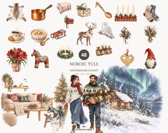 Scandinavian Christmas Watercolor Clipart, Nordic Holiday PNGs, Lucia Folk Winter Bundle - 654