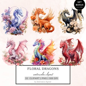 水彩画のドラゴンのクリップアート、花柄のドラゴンのクリップアート バンドル、ファンタジー クリップアート、黄金のドラゴン、魔法のおとぎ話、ジャンク ジャーナル、ミックス メディア