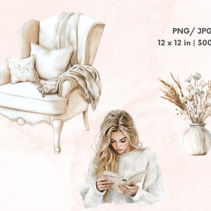 May include: A watercolor illustration of a woman reading a book in a white armchair with a throw blanket. The scene is set against a light pink background with a vase of dried flowers.