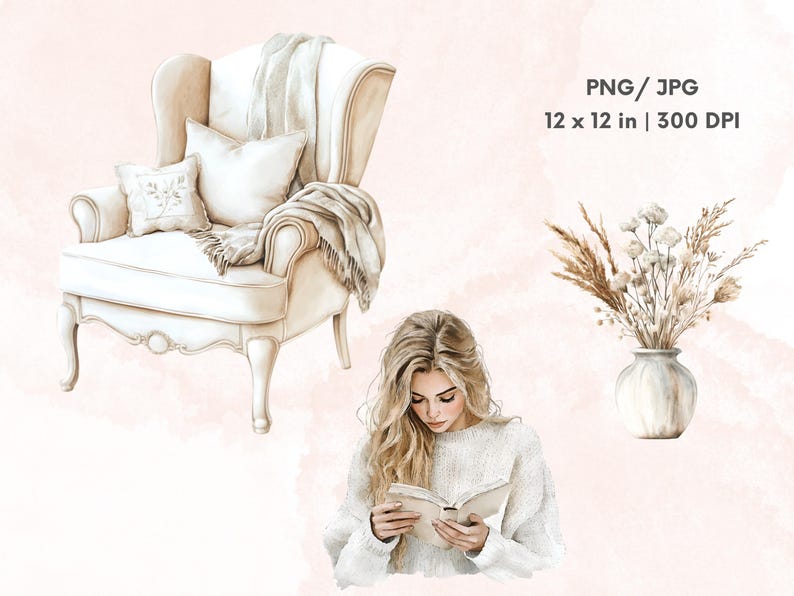 May include: A watercolor illustration of a woman reading a book in a white armchair with a throw blanket. The scene is set against a light pink background with a vase of dried flowers.