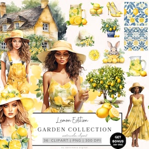 Clipart giardino limone acquerello, clipart estate, clipart Cottagecore, clipart frutta, clipart ragazza acquerello, primavera Png, download digitale
