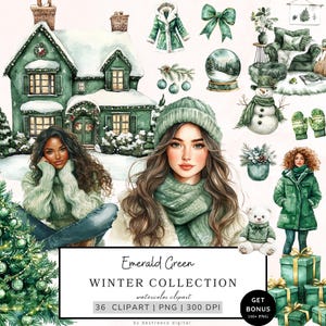 Pacote de clipart de inverno, clipart de Natal aconchegante, clipart de inverno, aconchego verde de inverno, gráficos de inverno com neve, Cottagecore, download digital