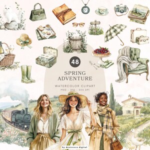 May include: Watercolor clipart titled "Spring Adventure" featuring various spring-themed illustrations. Includes a picnic basket, a cat, a hat, a train, a house, and three women. The image has a soft, pastel color palette.
