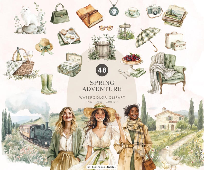 May include: Watercolor clipart titled "Spring Adventure" featuring various spring-themed illustrations. Includes a picnic basket, a cat, a hat, a train, a house, and three women. The image has a soft, pastel color palette.