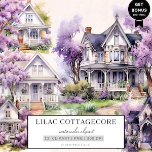 Paquete de imágenes prediseñadas Cottagecore lila de acuarela, imágenes prediseñadas de primavera, png floral de primavera, png de cabaña vintage, gráficos de vida en el campo, medios mixtos