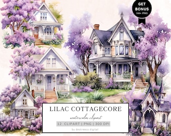 Watercolor Lilac Cottagecore Clipart Bundle, Spring Clipart, Spring Floral Png, Vintage Cottage Png, Countryside Life Graphics, Mixed Media