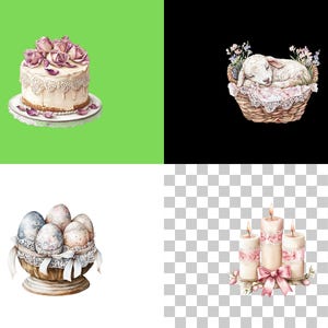 May include: A watercolour illustration of a white cake decorated with pink roses, a basket with a sleeping lamb, a bowl of speckled Easter eggs, and three white candles with pink ribbons.