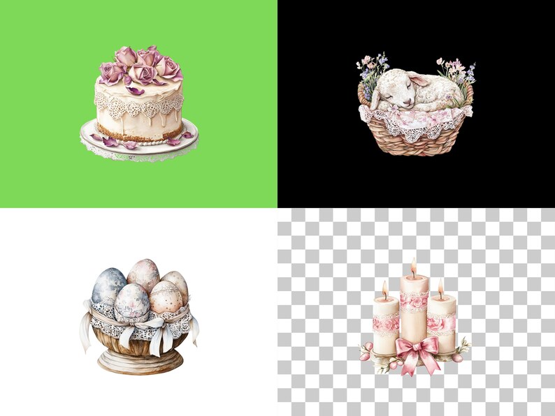 May include: A watercolour illustration of a white cake decorated with pink roses, a basket with a sleeping lamb, a bowl of speckled Easter eggs, and three white candles with pink ribbons.