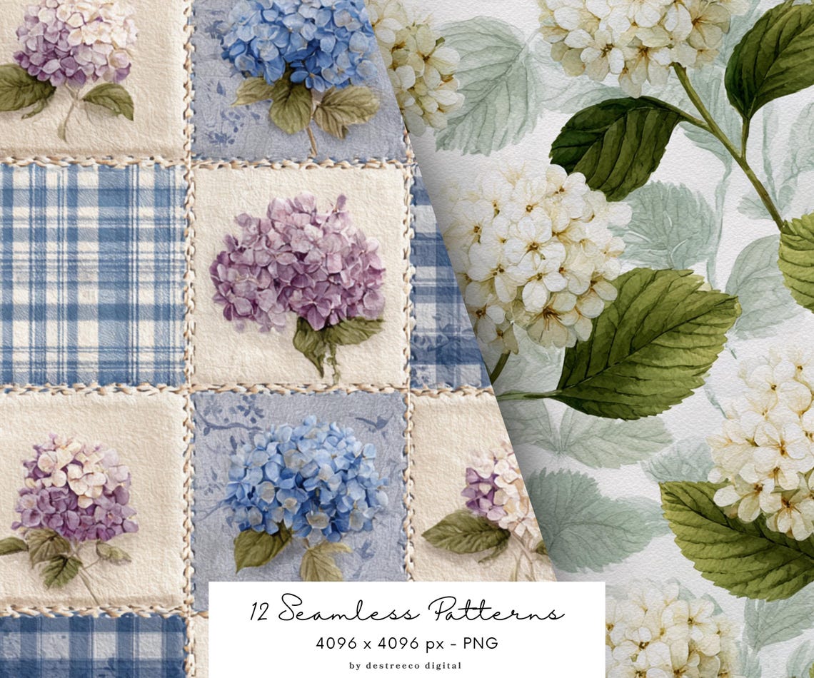 Watercolor Rustic Cottage Seamless Patterns, Rustic Pattern, Hydrangea ...