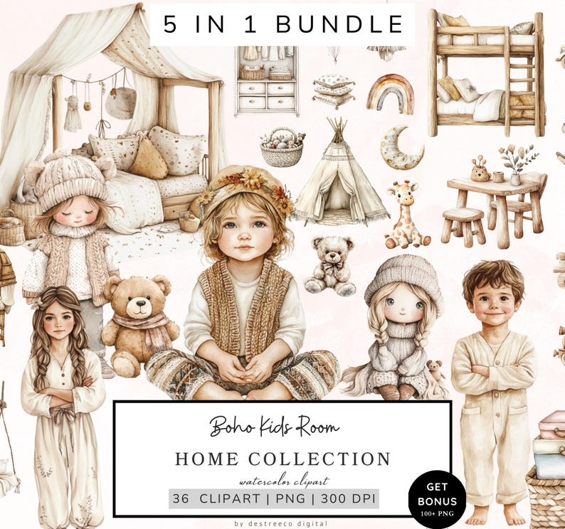 Puede incluir: Un paquete digital de clipart de 36 ilustraciones de acuarela con un tema de habitaci&oacute;n infantil boho. Las ilustraciones incluyen ni&ntilde;os, muebles, decoraci&oacute;n y animales en una paleta de colores suaves.