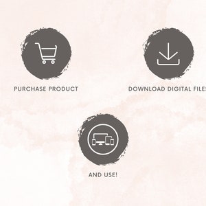 Puede incluir: Tres c&iacute;rculos grises con iconos blancos y texto. El primer c&iacute;rculo muestra un icono de carrito de compras con el texto "COMPRAR PRODUCTO". El segundo c&iacute;rculo muestra un icono de flecha de descarga con el texto "DESCARGAR ARCHIVOS DIGITALES". El tercer c&iacute;rculo muestra un monitor de computadora y dos tel&eacute;fonos m&oacute;viles con el texto "&iexcl;Y USAR!"