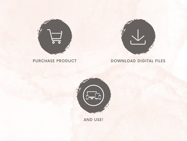 Puede incluir: Tres c&iacute;rculos grises con iconos blancos y texto. El primer c&iacute;rculo muestra un icono de carrito de compras con el texto "COMPRAR PRODUCTO". El segundo c&iacute;rculo muestra un icono de flecha de descarga con el texto "DESCARGAR ARCHIVOS DIGITALES". El tercer c&iacute;rculo muestra un monitor de computadora y dos tel&eacute;fonos m&oacute;viles con el texto "&iexcl;Y USAR!"
