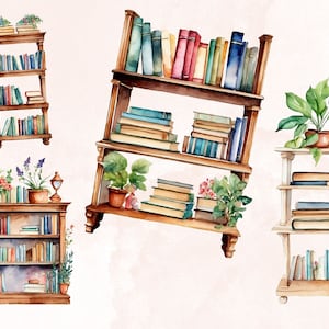 May include: Three wooden bookshelves with different styles and sizes, each filled with books and decorated with small potted plants. The shelves are painted in a warm brown color and have a rustic look.
