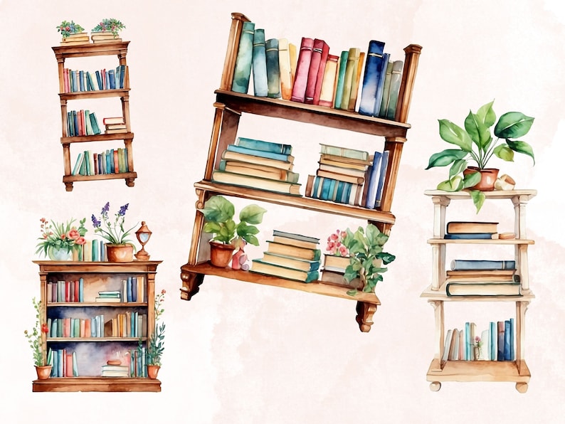 May include: Three wooden bookshelves with different styles and sizes, each filled with books and decorated with small potted plants. The shelves are painted in a warm brown color and have a rustic look.
