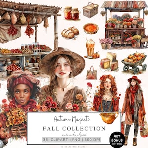 Aquarel herfst clipart, herfst markt png bundel, gezellige herfst, herfst clipart, Cottagecore png, pompoen, commercieel gebruik, digitale download