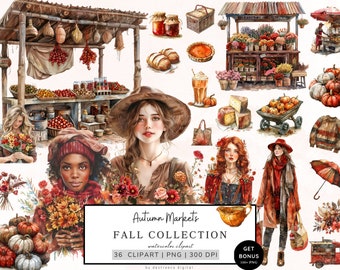 Aquarela Autumn Clipart, Autumn Market Png Bundle, Cosy Autumn, Fall Clipart, Cottagecore Png, Abóbora, Uso Comercial, Download Digital