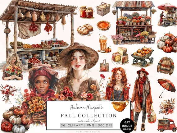 Watercolor Autumn Clipart, Autumn Market Png Bundle, Cozy Autumn, Fall Clipart, Cottagecore Png, Pumpkin, Commercial Use, Digital Download