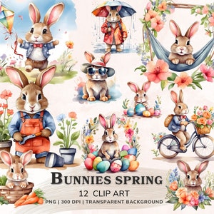 Watercolor Bunny Clipart, Easter Cute Bunnies Png Clipart, Printable Floral Bunny Clipart, Spring Bunny Digital Stickers, Commercial Use