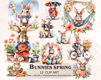 Clipart de conejito de acuarela, conejitos lindos de Pascua png clipart, imágenes prediseñadas de conejito floral imprimible, pegatinas digitales de conejito de primavera, uso comercial