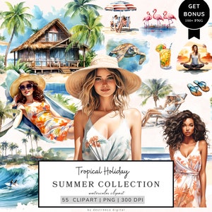 Aquarel zomer clipart, tropische vakantie clipart, reizen clipart, strand clipart, Ocean Girl PNG, commercieel gebruik, mixed media, scrapbook