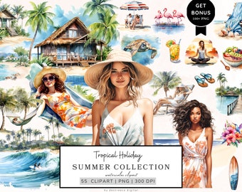 Aquarell Sommer Clipart, Tropisch Urlaub Clipart, Reise Clipart, Strand Clipart, Ocean Girl Png, Kommerzielle Nutzung, Mixed Media, Scrapbook