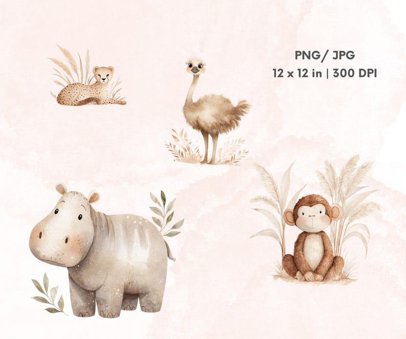 Boho Safari Animals Clipart, Cute Watercolor Jungle Animals, Lion ...
