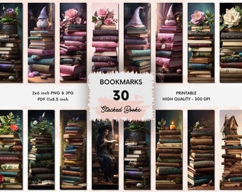 Stacked Books Bookmarks Printable Set, Watercolor Bookmarks, Book Lover Printable, Bookmark Sublimation Design, Digital Download