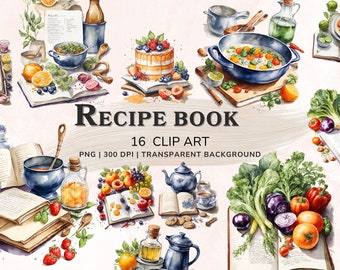 Watercolor Clipart Recipe Book, Cookbook PNG Clipart Collection, Printable Food Clipart, Baking Clipart Jpg, Scrapbook, Digital Download