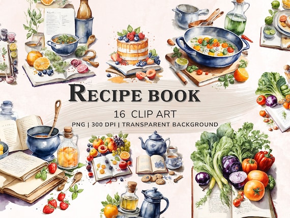 Watercolor Clipart Recipe Book, Cookbook PNG Clipart Collection, Printable Food Clipart, Baking Clipart Jpg, Scrapbook, Digital Download