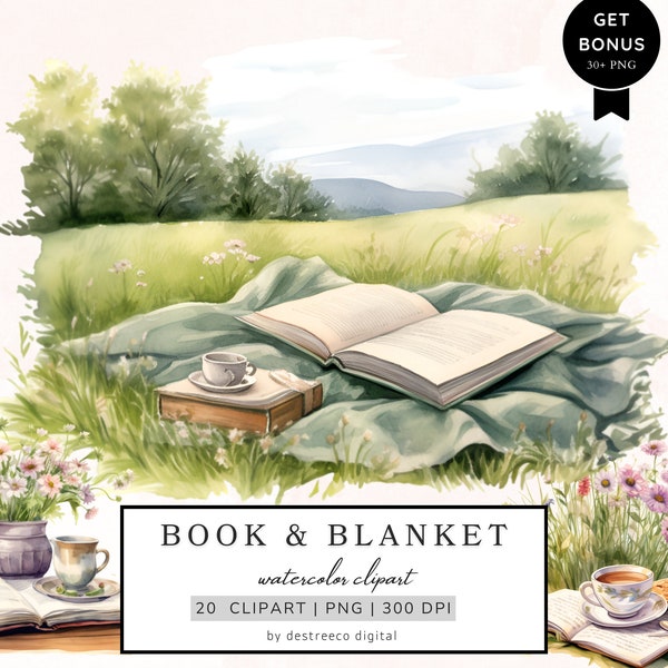 Watercolor Book & Blanket Clipart, Spring Clipart, Cozy Reading Clipart, Book Lover, Romantic Wildflower Field Png, Book Png, Mixed Media