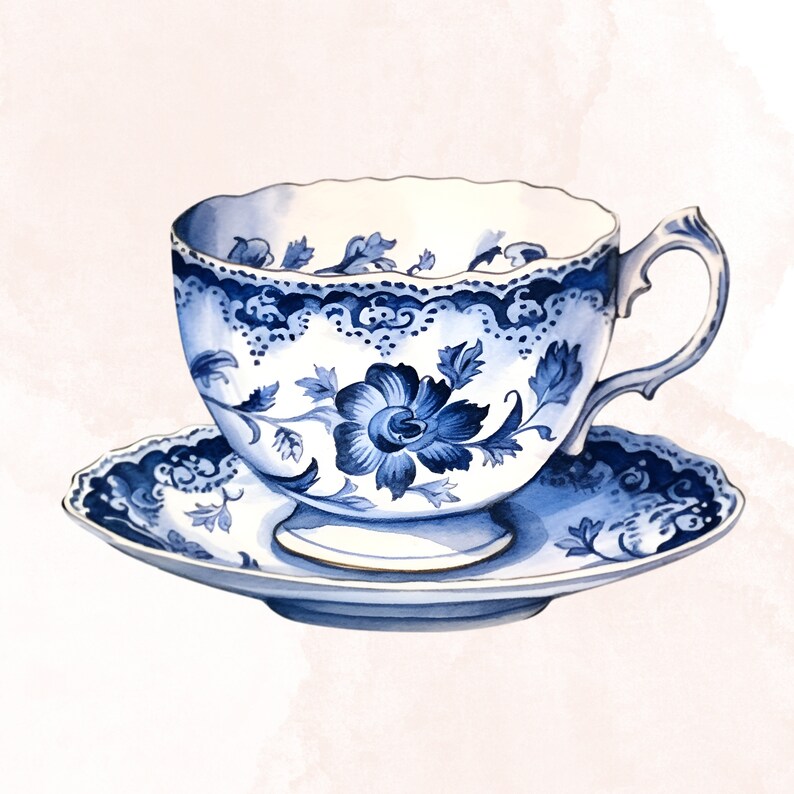 May include: A blue and white porcelain teacup and saucer with a floral design. The cup has a delicate handle and a scalloped rim. The saucer has a matching floral design.